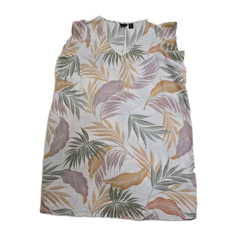 Tahari Linen Dress Palm Tropical Print Ruffle Boho Summer Neutral Resortwear 2X - Picture 2 of 6